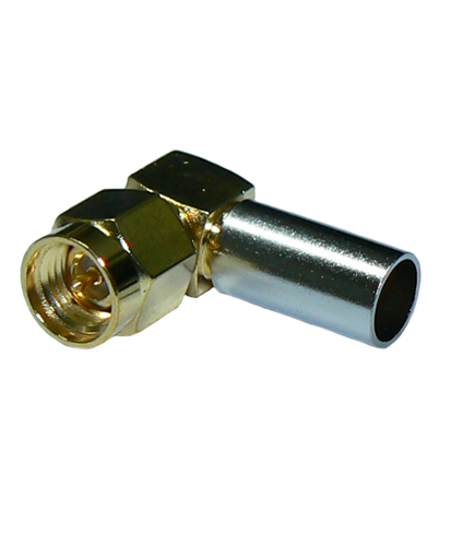 Right-angle SMA male solder pin crimp connector for RG58 coaxial cables, DC-18 GHz, 50 Ohms – gold plated